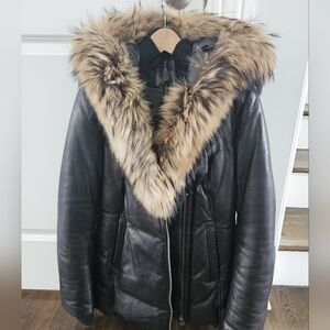 Mackage Runway Lamb Black Leather Jacket with Raccoon Fur Trim - Barely Worn